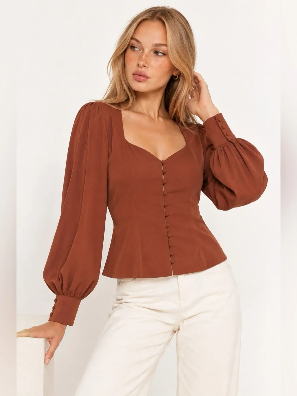 Abercrombie & Fitch NWT Button Front Sweetheart Blouse Rust Brown Women Size XL